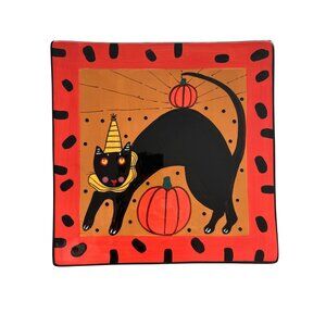 Sharon Bloom Halloween Plate Black Cat & Pumpkins Hand painted Square Hanging